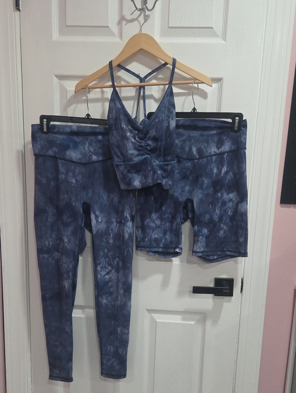 Gymshark Navy Tie-Dye Leggings, Biker Shorts & Strappy Crop Top Set